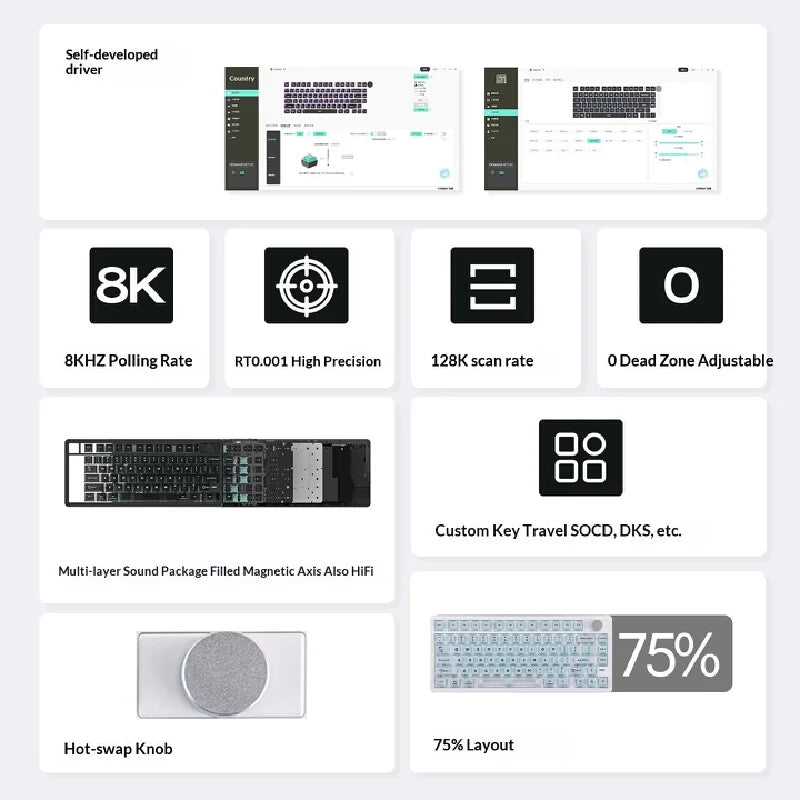 Epomaker He75v2 Wireless Keyboard 75-key layout triple-mode hot-swappable 8K polling rate mechanical suitable for esports