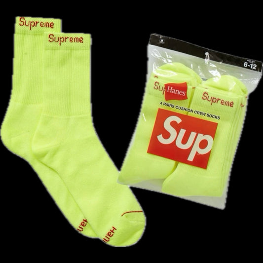 SUPREME HANES CREW SOCKS FLUORESCENT YELLOW (4 PACK)