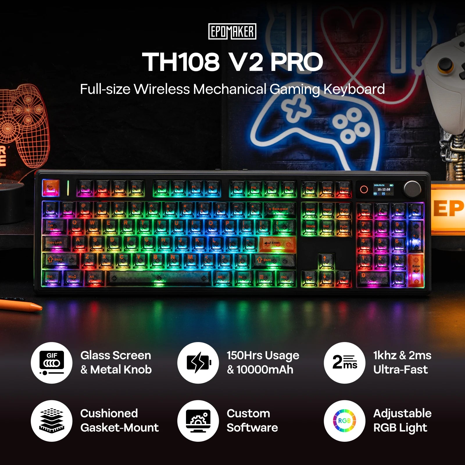 EPOMAKER TH108 V2 PRO Wired/Bluetooth/2.4Ghz Wireless Mechanical Keyboard